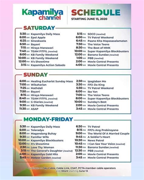 Kapamilya Channel Schedules .